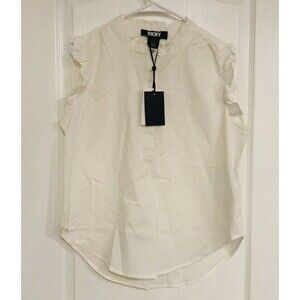 DKNY Womens Ruffle Neck Sleeveless Blouse Ivory Petite Large XC2T0178 NEW